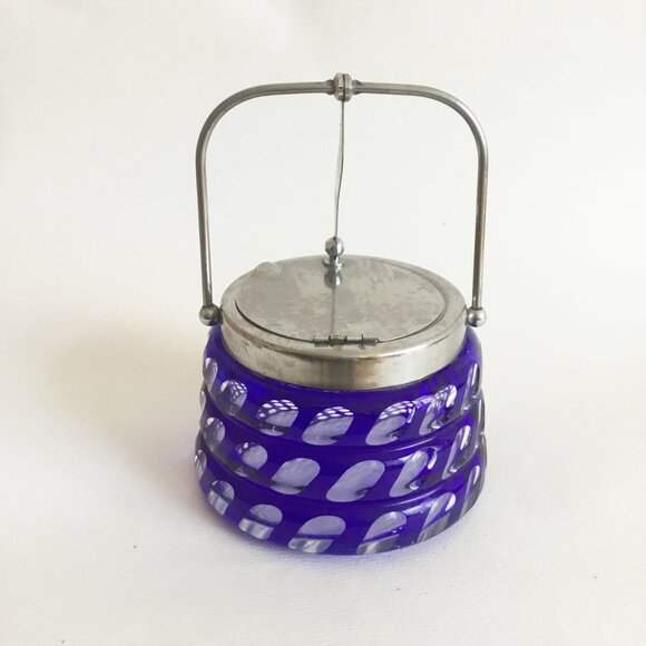 Cobalt Blue Cut to Clear Glass Flashed Geometric Pattern Hinged Marmalade Jar - Picture 3 of 12